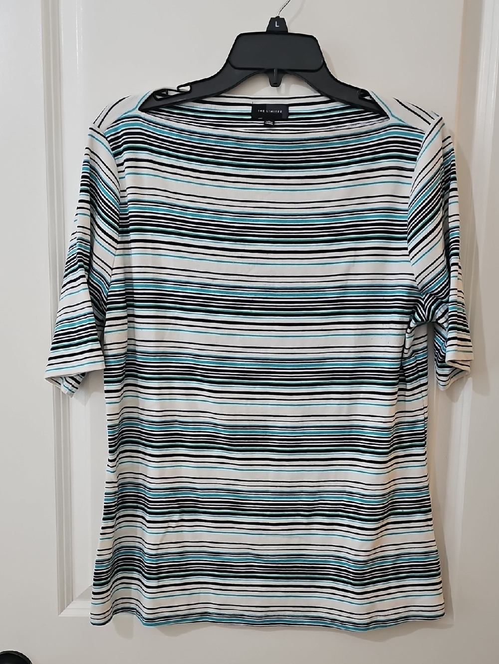 The Limited Striped 3/4 Sleeve Tee in White, Teal & Black